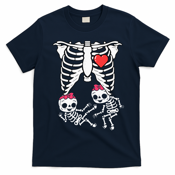 Skeleton Pregnancy Twins XRay Pregnant Halloween T-Shirt - Navy Blue