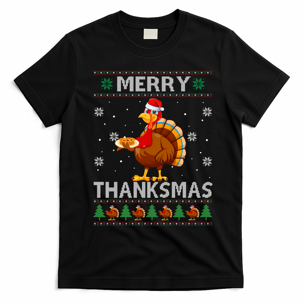 Santa Turkey Merry Thanksmas Thanksgiving Ugly Xmas Sweater T-Shirt - Black