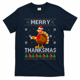 Santa Turkey Merry Thanksmas Thanksgiving Ugly Xmas Sweater T-Shirt - Navy Blue