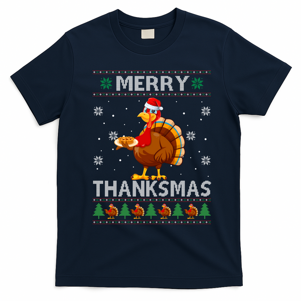 Santa Turkey Merry Thanksmas Thanksgiving Ugly Xmas Sweater T-Shirt - Navy Blue