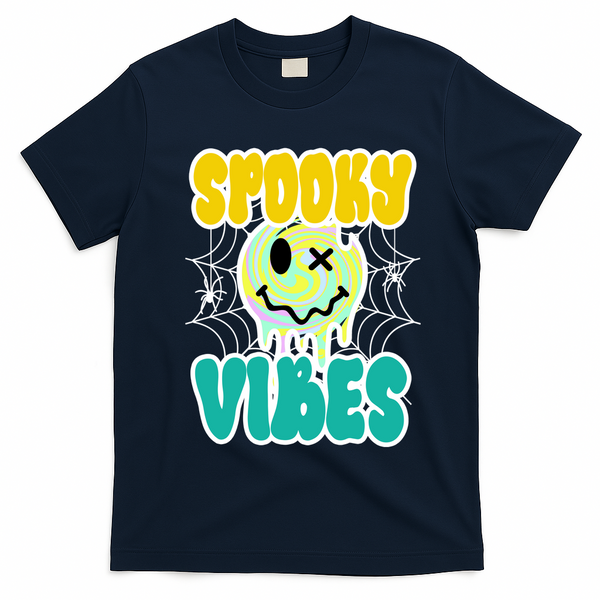 Spooky Vibes Smile Face Halloween T-Shirt - Navy Blue