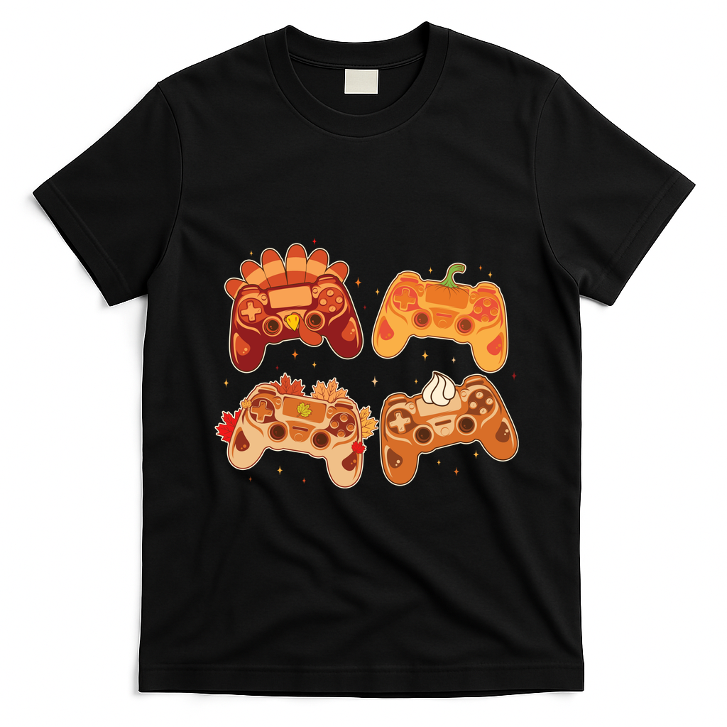 Thanksgiving Autumn Fall Video Game Controllers T-Shirt - Black