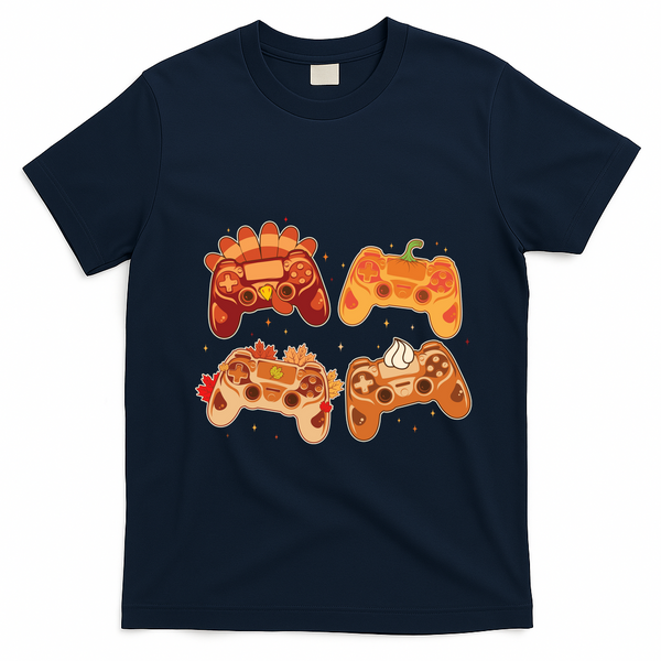 Thanksgiving Autumn Fall Video Game Controllers T-Shirt - Navy Blue