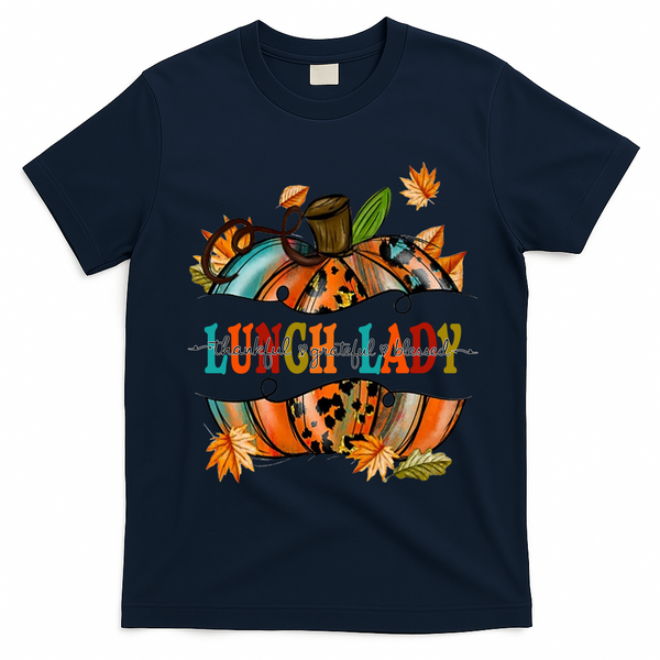 Thankful Grateful Blessed Lunch Lady Graphic Pumpkin Autumn Cool Gift T-Shirt - Navy Blue
