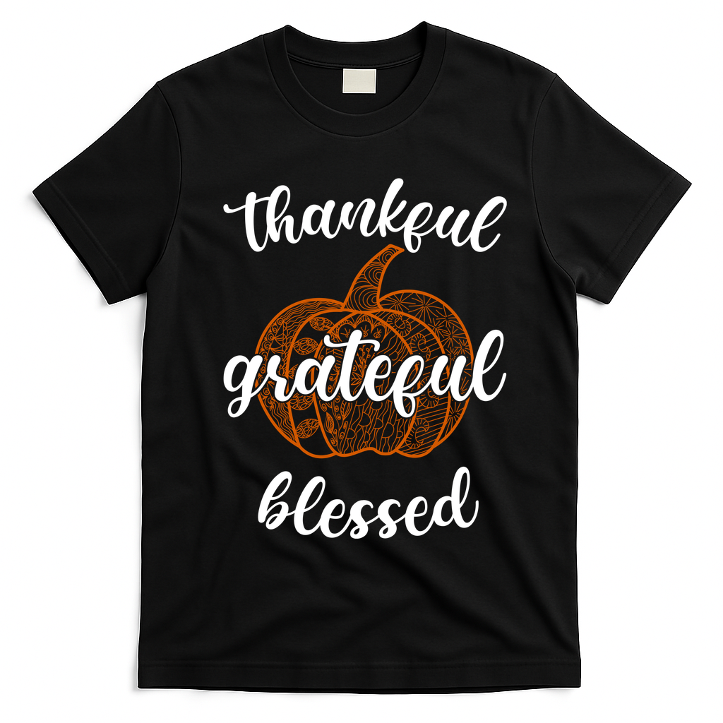 Thankful Grateful Blessed Pumpkin Fall T-Shirt - Black