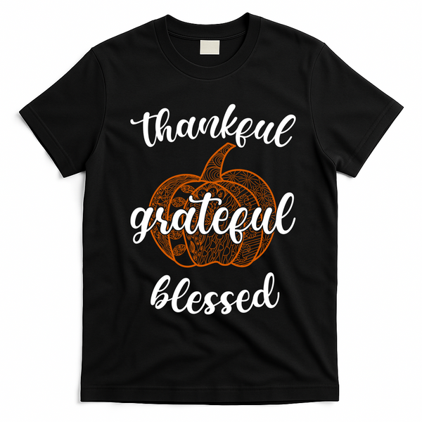 Thankful Grateful Blessed Pumpkin Fall T-Shirt - Black