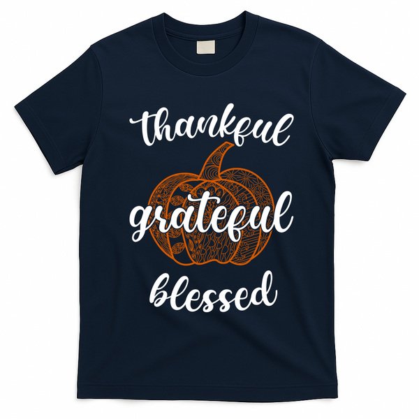 Thankful Grateful Blessed Pumpkin Fall T-Shirt - Navy Blue