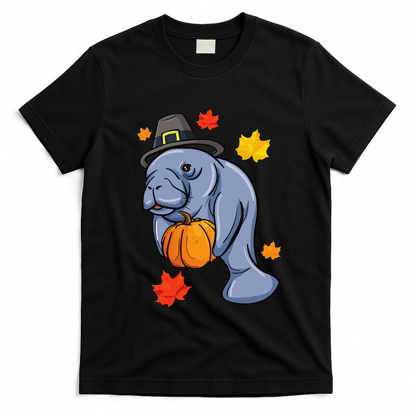 Thanksgiving Manatee Pilgrim Fall Pumpkin Dugong T-Shirt - Black