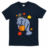 Thanksgiving Manatee Pilgrim Fall Pumpkin Dugong T-Shirt - Navy Blue