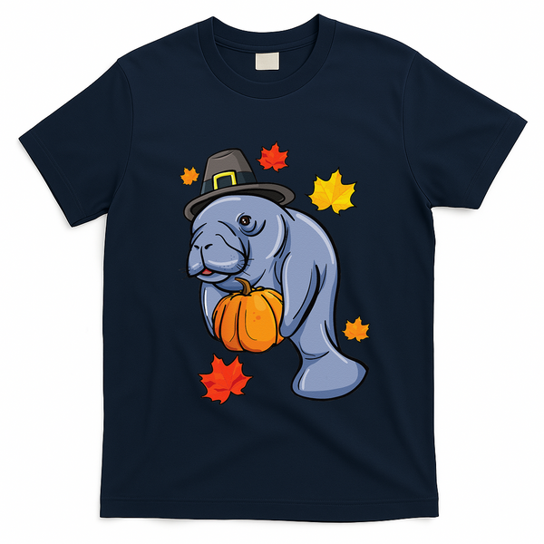 Thanksgiving Manatee Pilgrim Fall Pumpkin Dugong T-Shirt - Navy Blue