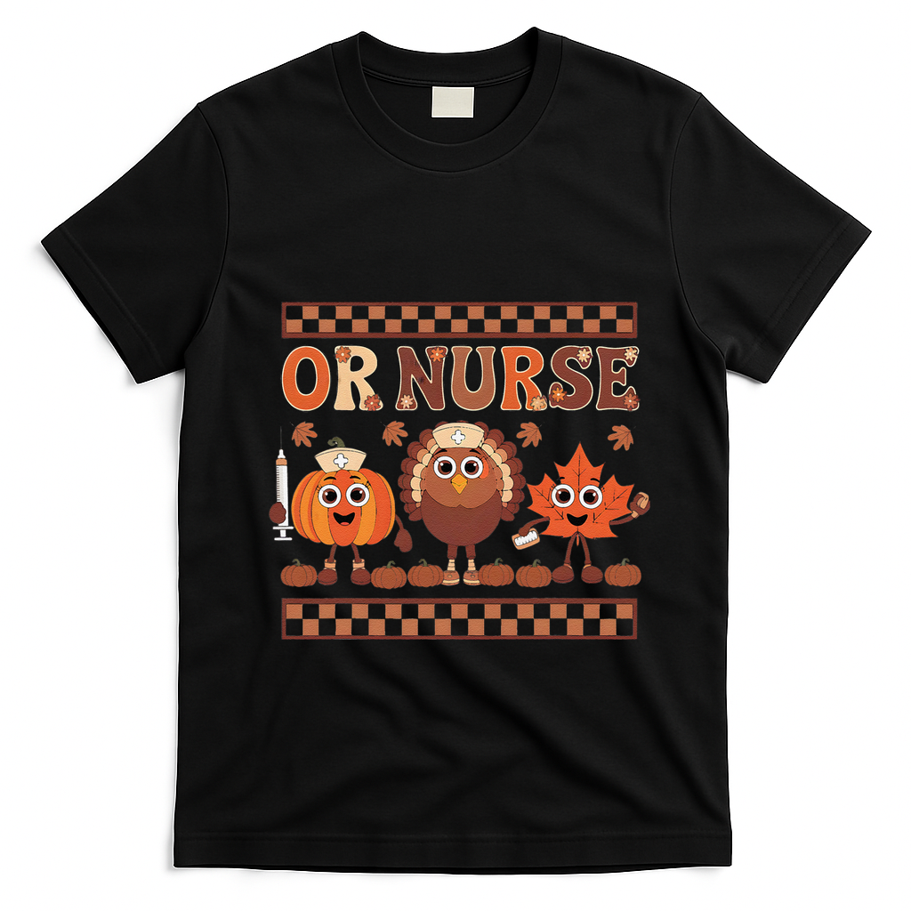 Thanksgiving Or Nurse Fall Pumpkin And Turkey Autumn Check T-Shirt - Black