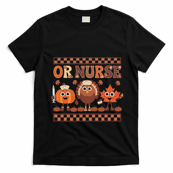 Thanksgiving Or Nurse Fall Pumpkin And Turkey Autumn Check T-Shirt - Black