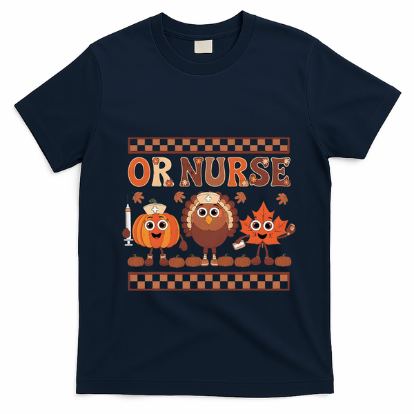 Thanksgiving Or Nurse Fall Pumpkin And Turkey Autumn Check T-Shirt - Navy Blue