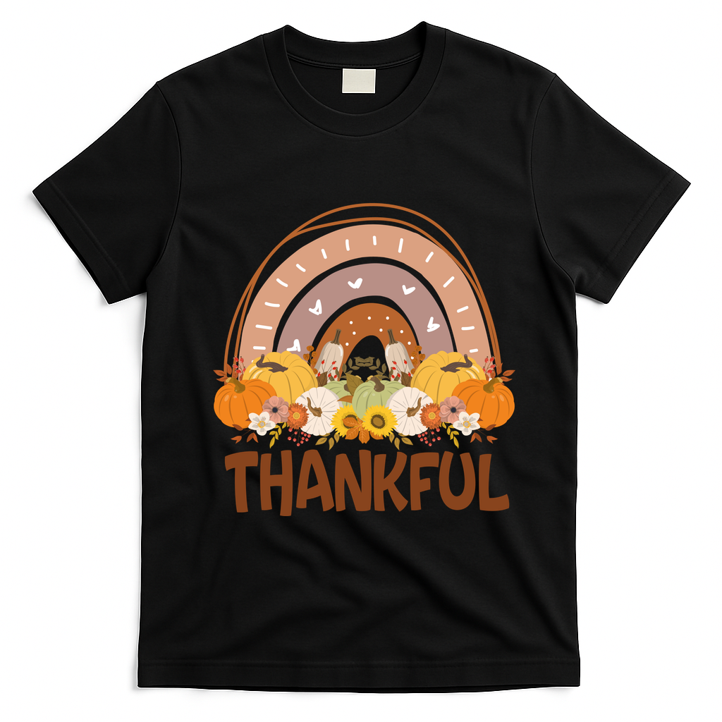Thankful Pumpkin Patch Cute Rainbow Holiday T-Shirt - Black
