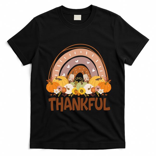Thankful Pumpkin Patch Cute Rainbow Holiday T-Shirt - Black