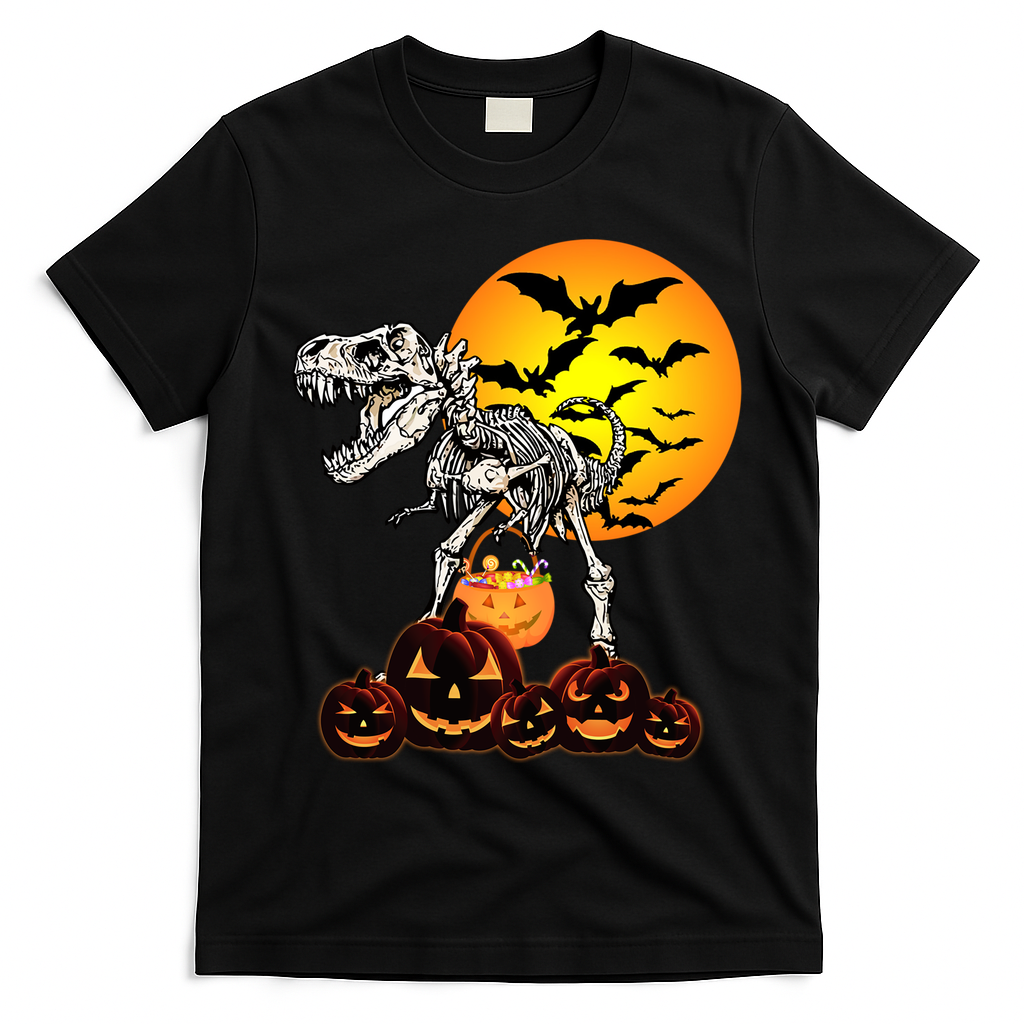T Rex Dinosaur Skeleton Scary Halloween Pumpkin Gift T-Shirt - Black