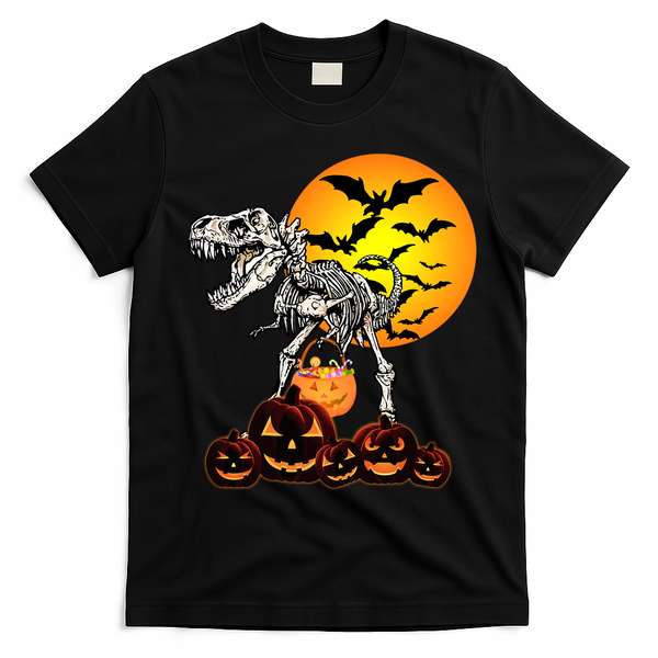 T Rex Dinosaur Skeleton Scary Halloween Pumpkin Gift T-Shirt - Black
