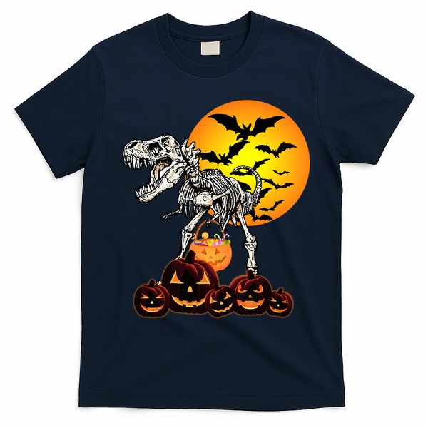 T Rex Dinosaur Skeleton Scary Halloween Pumpkin Gift T-Shirt - Navy Blue