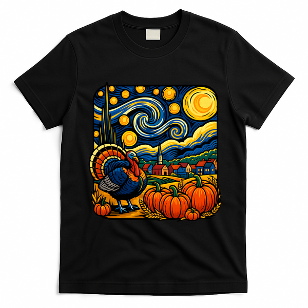 Thanksgiving Turkey Pumpkin Harvest Starry Night Art T-Shirt - Black