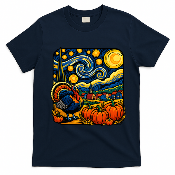 Thanksgiving Turkey Pumpkin Harvest Starry Night Art T-Shirt - Navy Blue