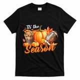 TIS THE SEASON Pumpkin Leaf Latte Fall Thanksgiving Football T-Shirt - Black