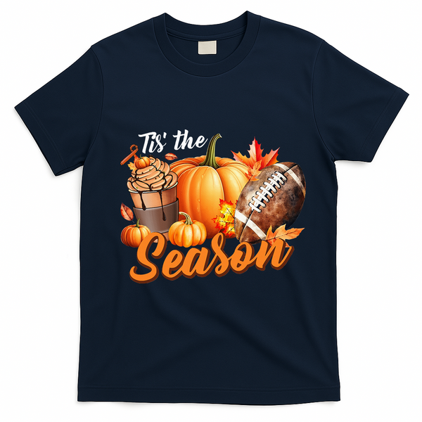 TIS THE SEASON Pumpkin Leaf Latte Fall Thanksgiving Football T-Shirt - Navy Blue