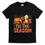 Tis The Season Fall Autumn Football Pumpkin Coffee Leaves Funny Gift T-Shirt - Black