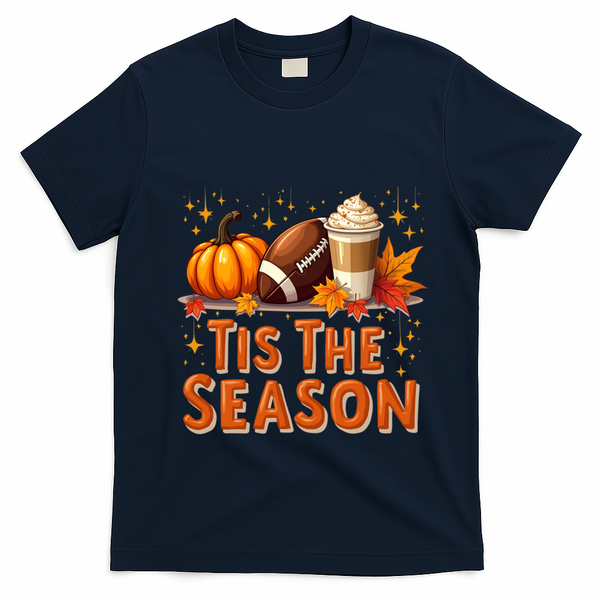 Tis The Season Fall Autumn Football Pumpkin Coffee Leaves Funny Gift T-Shirt - Navy Blue