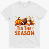 Tis The Season Fall Autumn Football Pumpkin Coffee Leaves Funny Gift T-Shirt - White