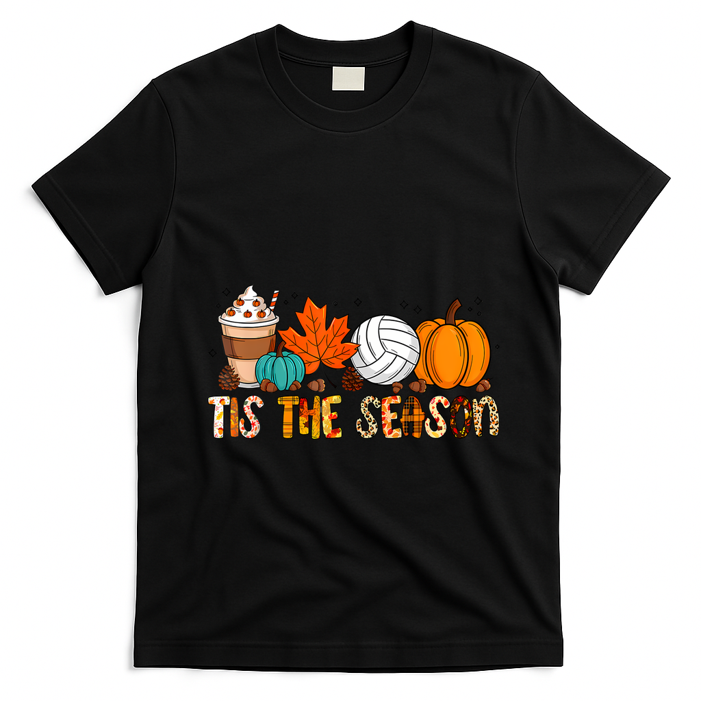 Tis The Season Volleyball Pumpkin Leaf Latte Fall Autumn Boy T-Shirt - Black