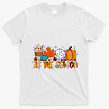 Tis The Season Volleyball Pumpkin Leaf Latte Fall Autumn Boy T-Shirt - White