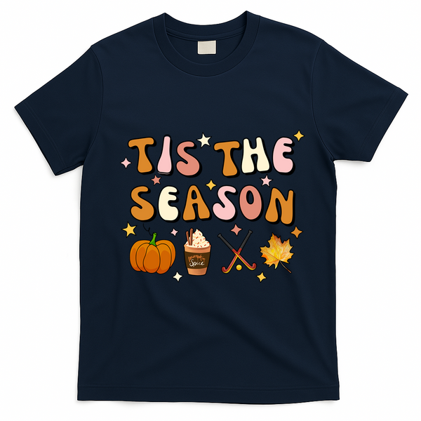 Tis The Season Field Hockey Pumpkin Latte Fall Thanksgiving Cute Gift T-Shirt - Navy Blue