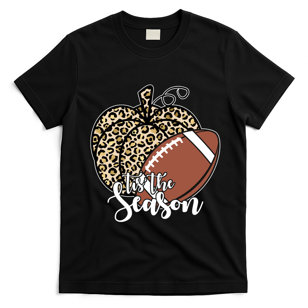 Tis The Season Leopard Pumpkin Football Fall Autumn T-Shirt - Black