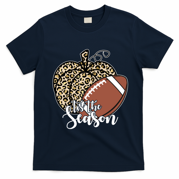 Tis The Season Leopard Pumpkin Football Fall Autumn T-Shirt - Navy Blue