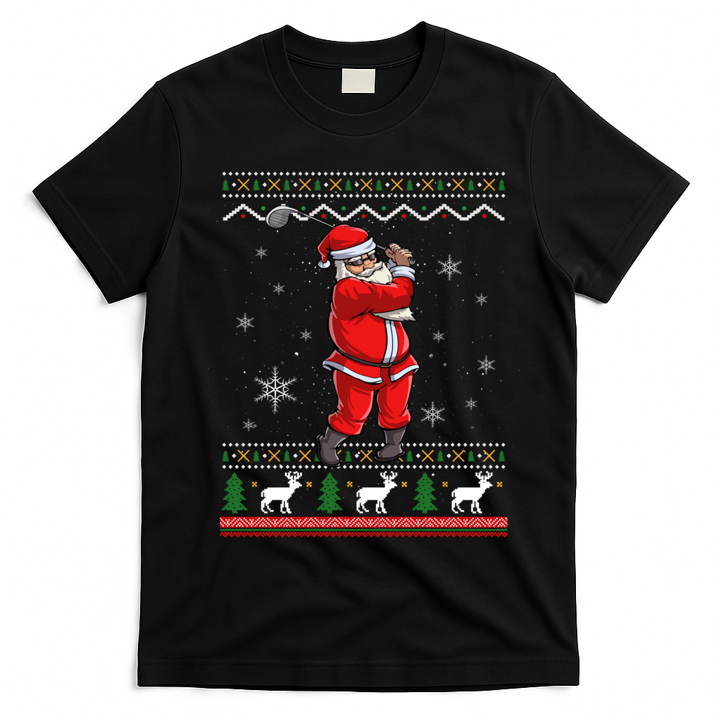 Ugly Christmas Santa Golfer Golfing Xmas Golf Lover Player Gift T-Shirt - Black