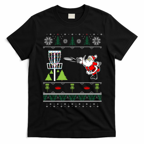 Ugly Disc Golf Santa Christmas Sweater Funny Xmas Frolf T-Shirt - Black