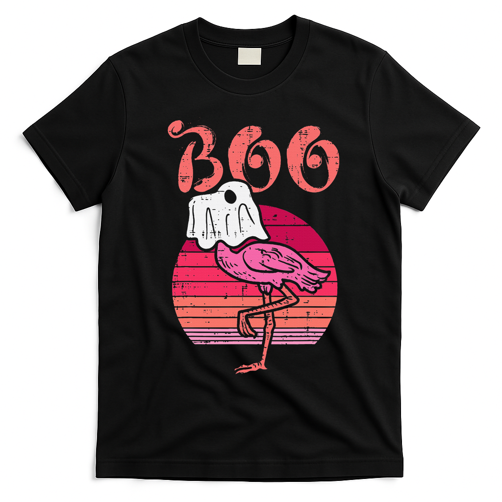 Vintage Halloween Flamingo Ghost Sunset Print T-Shirt - Black