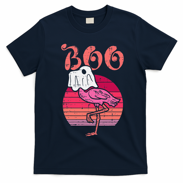 Vintage Halloween Flamingo Ghost Sunset Print T-Shirt - Navy Blue
