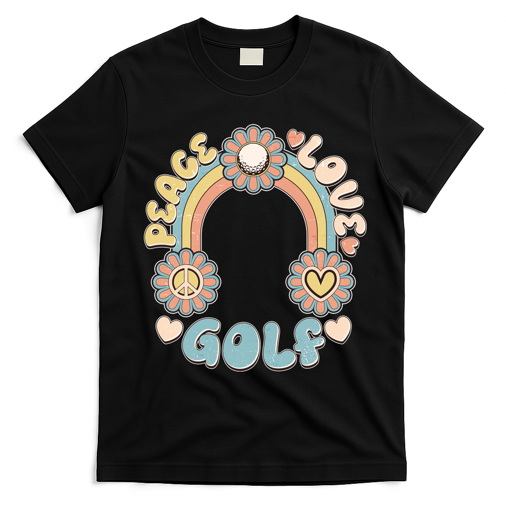 Vintage Retro 60s Peace Love Golf T-Shirt - Black