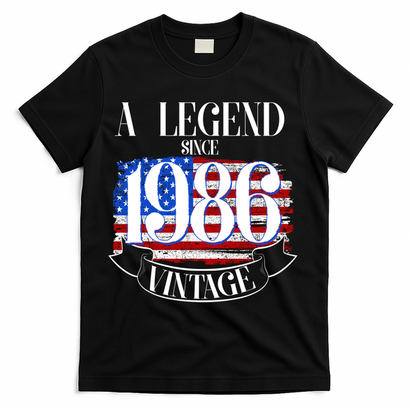 Vintage USA Flag A Legend Since 1986 40th Birthday T-Shirt - Black