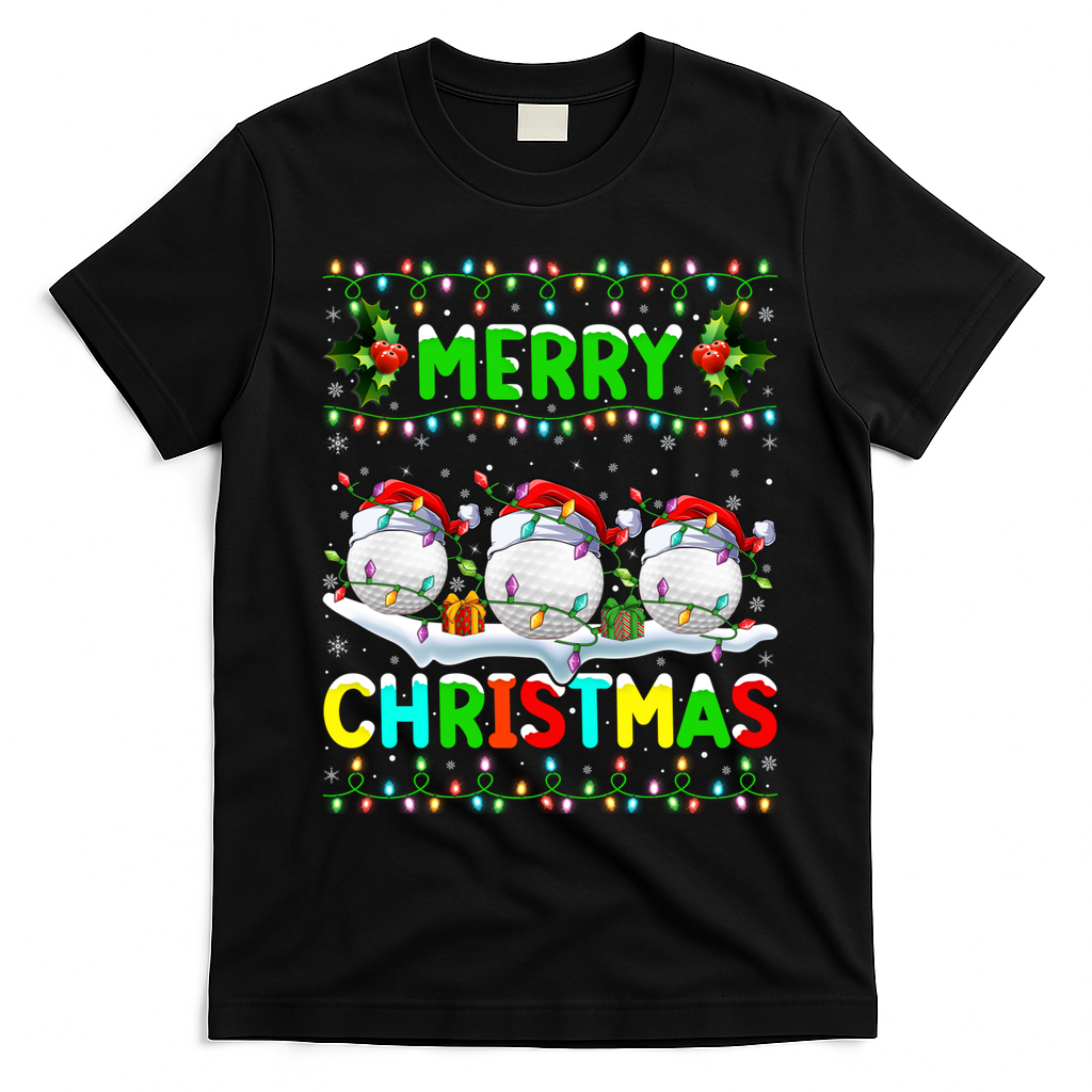 Xmas Golf Lighting Santa Hat Merry Christmas Golf Gift T-Shirt - Black