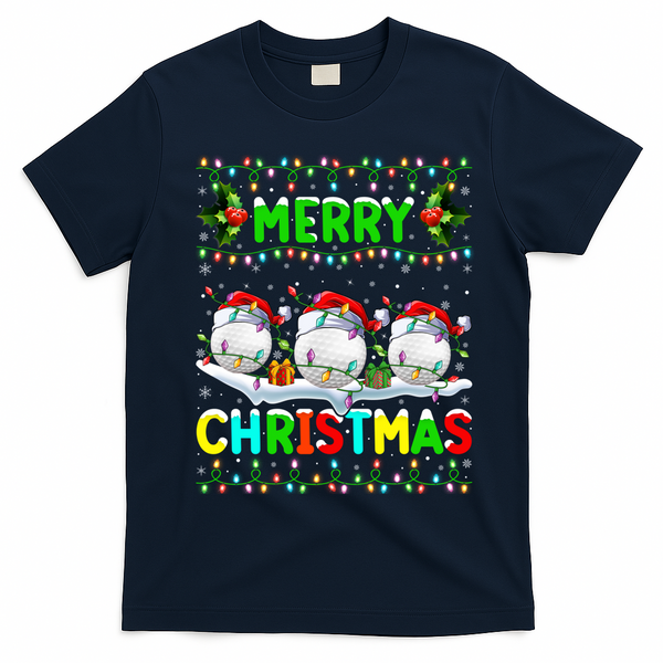 Xmas Golf Lighting Santa Hat Merry Christmas Golf Gift T-Shirt - Navy Blue